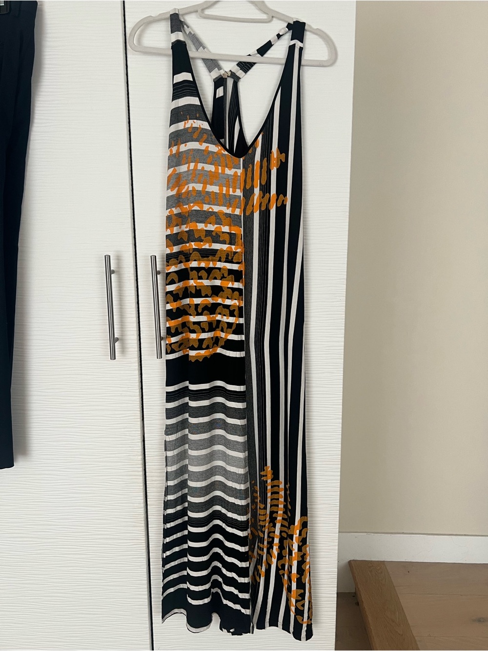 Sleeveless Black & White Striped Maxi Dress with Orange Print